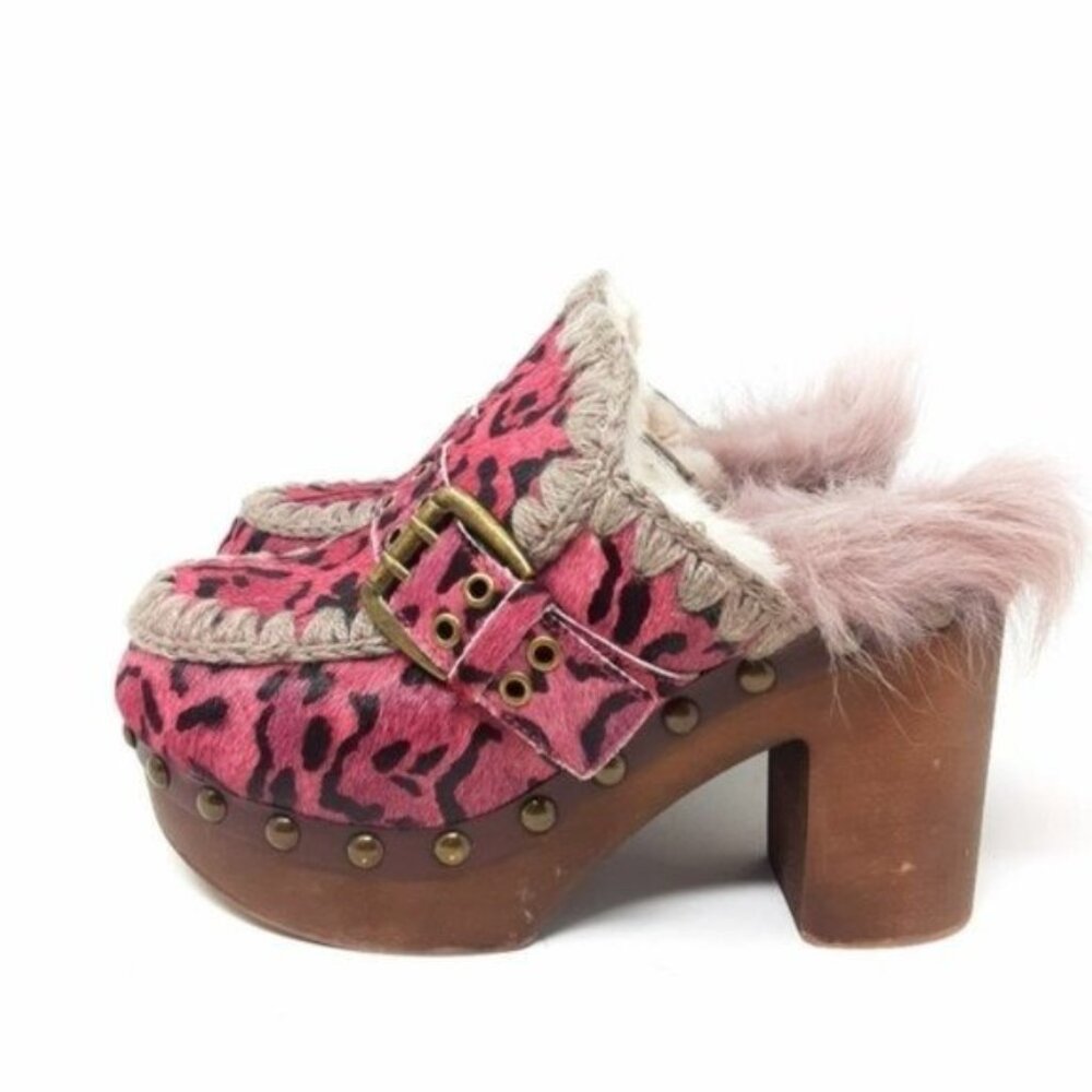 MOU Leopard Pink Pony Hair Shearling Platform Clogs 37 - Picture 13 of 13